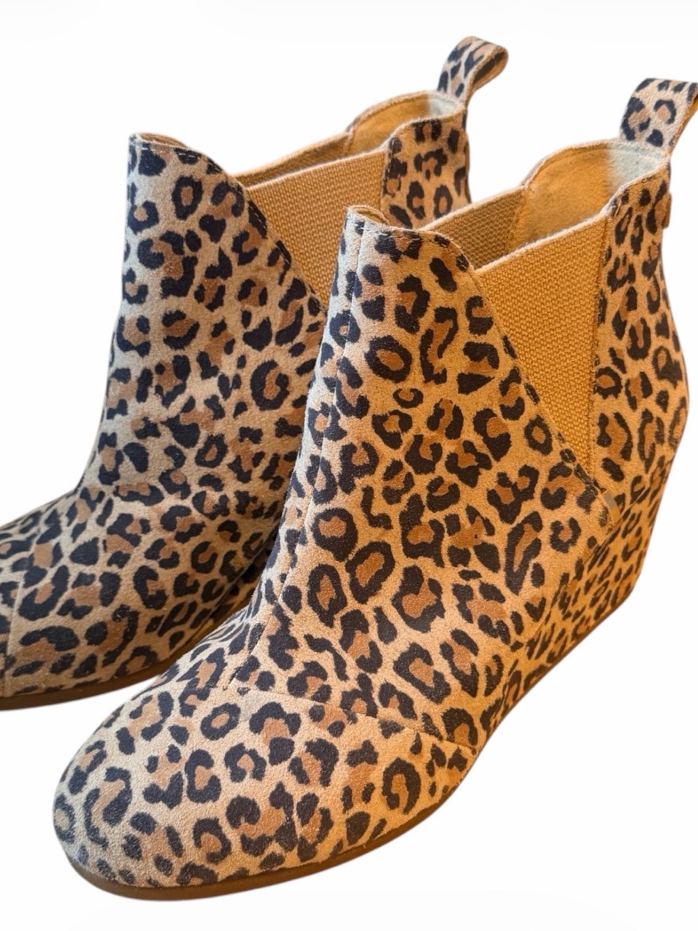 Toms Leopard Print Wedge Ankle Booties in Tan and Black